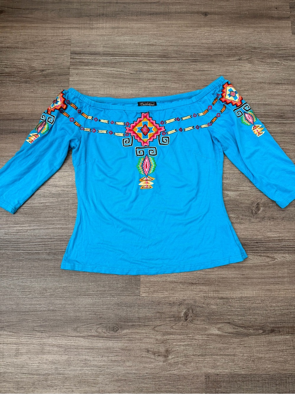 Nique Turquoise Off-Shoulder Top with Multicolor Tribal Embroidery